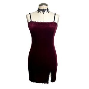 Wine Red Velvet Lace Trim Whimsigoth Romantic Vampire Gothic Slit Mini Dress